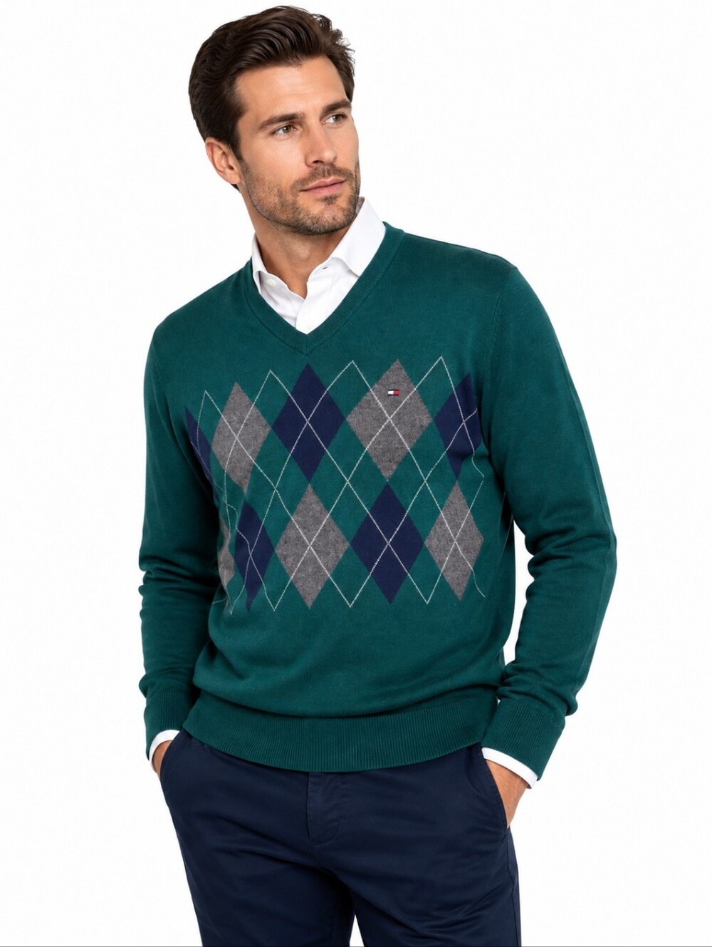 Tommy Hilfiger Men’s Sweater M Green Argyle V-Neck 100% Cotton Preppy